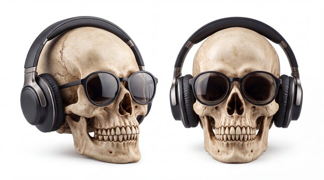 Human skull wearing modern black headphones and cool sunglasses on white background