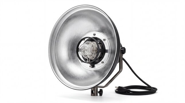 Professional photography studio flash strobe lighting equipment with metallic reflector dish isolated on white background
