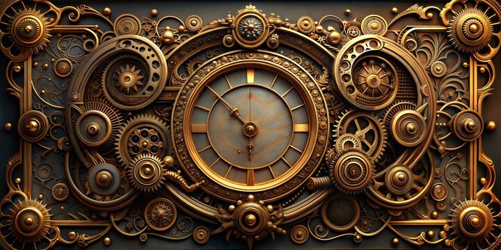 Ornate golden clock face surrounded by intricate baroque filigree swirls and antique steampunk clockwork gears