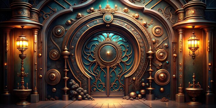 Ornate fantasy portal with intricate brass patterns glowing lanterns circular vault door and turquoise metal walls