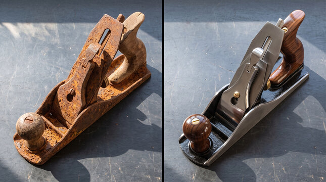 Before and after split-screen comparison of a rusted antique hand plane and a restored polished wooden tool.
