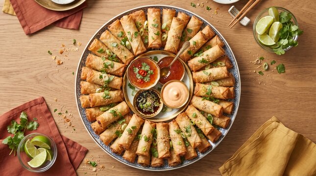 Mini Crispy Spring Rolls Party Platter with Dipping Sauces, assorted bite-sized lumpia arranged elegantly for festive gatherings and appetizers