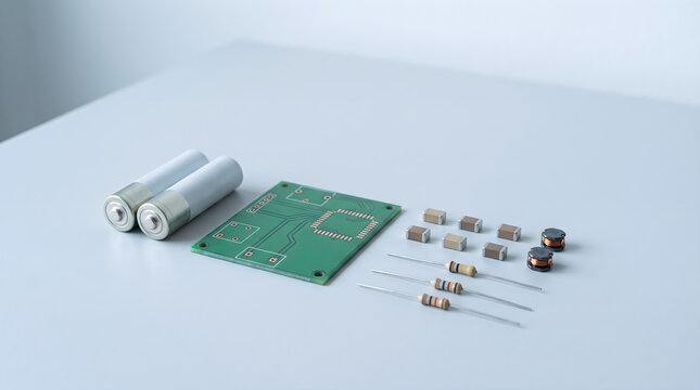 A pair of 2aa batteries alongside a green circuit board, electronic components, and resistors on a white table