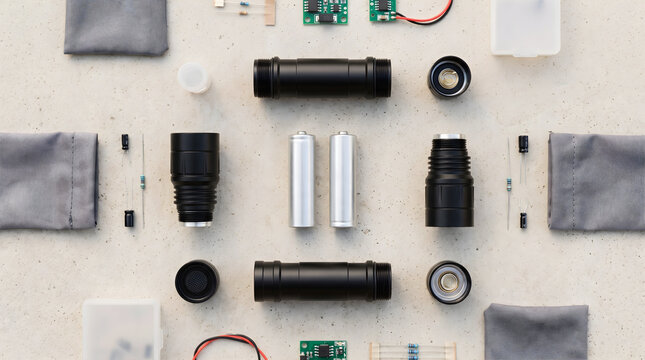 A flat lay image of 2aa batteries displayed neatly alongside disassembled parts of a tactical flashlight on table