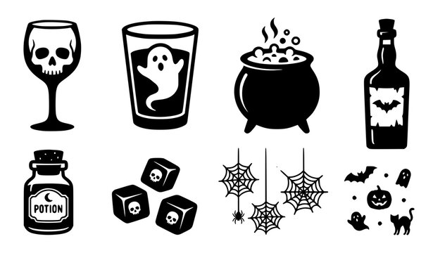 Halloween Party Beverage Vector Set with Skull Cocktails Witch Cauldron Potion Bottles and Spider Web Decor