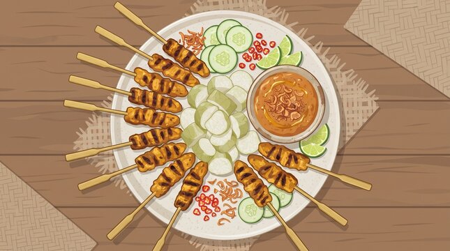 Indonesian Chicken Satay Platter with Peanut Sauce and Rice Cakes, bamboo skewers surrounded by fresh garnishes in overhead flat design illustration.