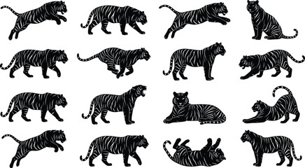 Obraz premium Tiger silhouette poses black and white set