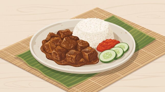 Beef Rendang with Steamed White Rice and Sambal, traditional Indonesian slow-cooked dish presented in a modern flat vector food illustration.