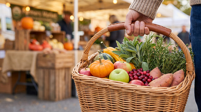 Person holding a basket of fresh produce at a farmers market  