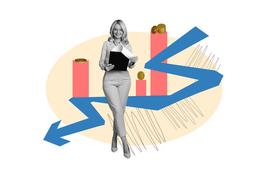 Creative image collage businesswoman reach success money finane economy trader investor golden coins startup business charts