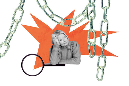 3D photo collage template trend artwork sketch of aged woman sit hand hold head think research loupe glass chain control overcomer