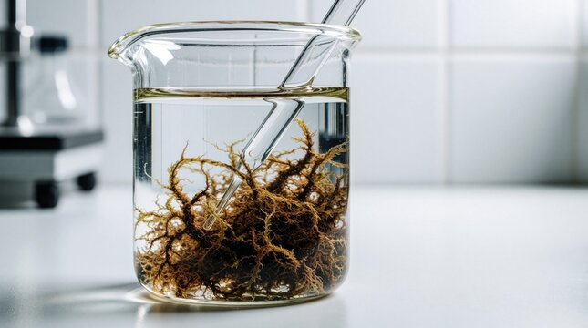 Glass beaker contains murky water with large plant roots submerged. Scientist uses glass pipette for liquid sample analysis in lab. Research on water scarcity, soil contamination, plant biology