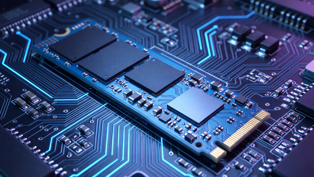 High speed NVMe M2 SSD drive installed on motherboard, modern solid state drive storage, computer hardware components with neon lighting