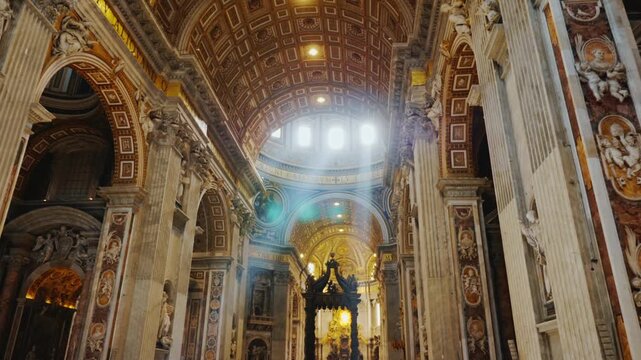 Sunlight rays piercing through dome of st peter basilica in vatican city rome, cinematic slow motion of grand architecture and intricate details.