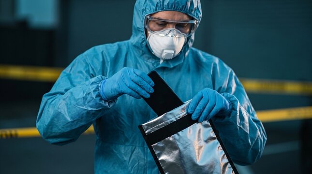 Forensic investigator sealing confiscated mobile electronic device inside metallic radio frequency shielding faraday pouch at cordoned crime perimeter during cold blue hour twilight