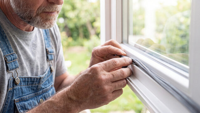 Senior handyman installing rubber weather stripping seal, professional craftsman sealing glass window frame for insulation, home improvement repair maintenance