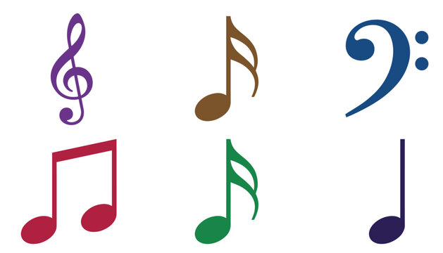 Colorful musical notes icon vector set featuring treble clef bass clef quarter note eighth note and melody symbols