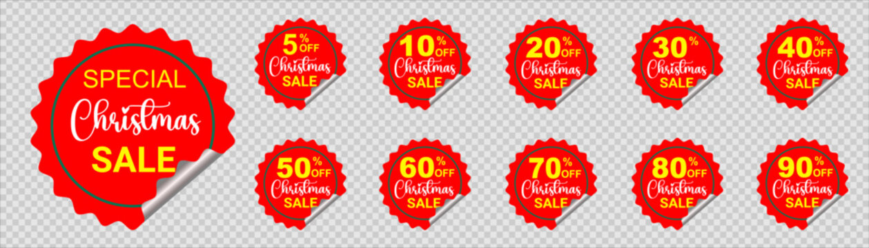 Set of red Christmas sale sticker labels and badges with discount percentage offers from 5 to 90 percent off