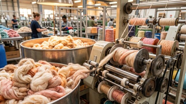 Automated Spinning Machine Weaving Yarn in a Modern Textile Factory Production Line