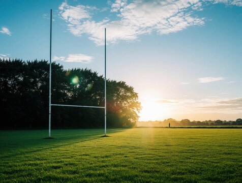 Tall rugby goal post stands on green grass pitch at sunset. White posts reach towards blue sky with clouds. Sun flare shines over field near dark trees. Empty sports ground in Ireland ready for