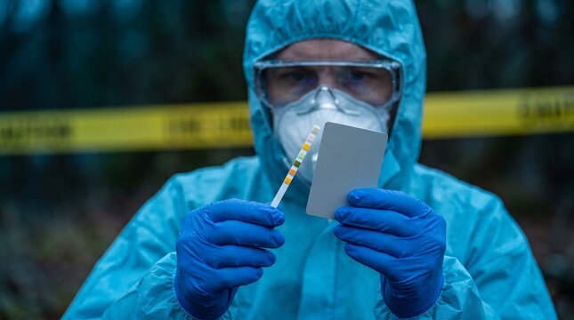 Forensic specialist comparing biochemical field test strip against neutral reference card at chest level along cordoned crime scene perimeter boundary during atmospheric blue twilight