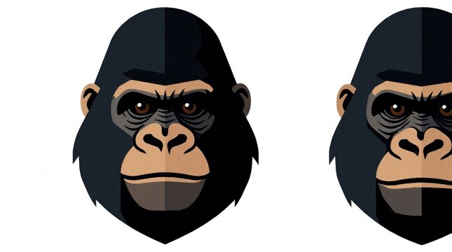 Black gorilla head clipart icon isolated on white background. Two identical ape faces graphics for logo design. Strong primate mascot for gaming sports team. Wild jungle animal character illustration