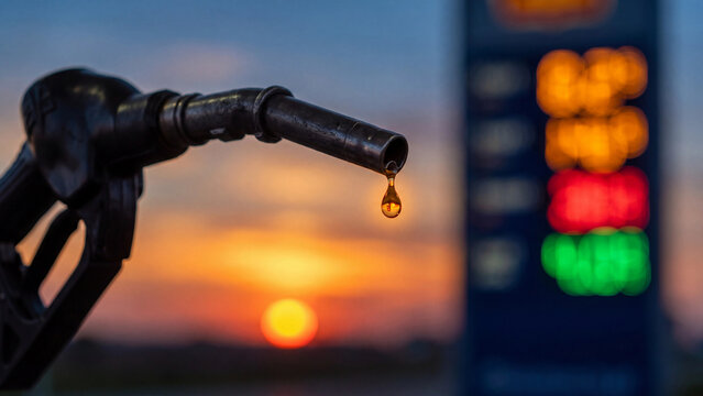 Fuel pump nozzle dripping oil drop at sunset, gas station price display background, energy crisis and petroleum industry photo