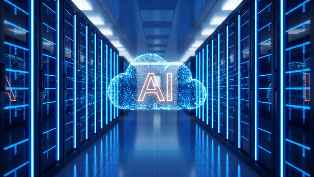 Futuristic AI cloud computing server room, glowing digital network data center, high tech artificial intelligence infrastructure background