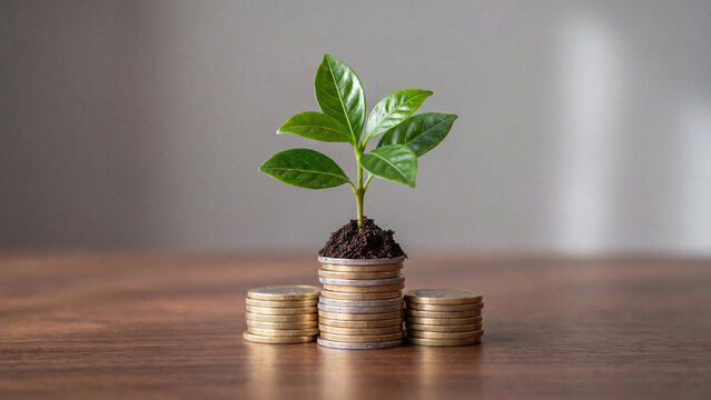 Green seedling growing from stack of coins, financial investment concept, money growth and business development