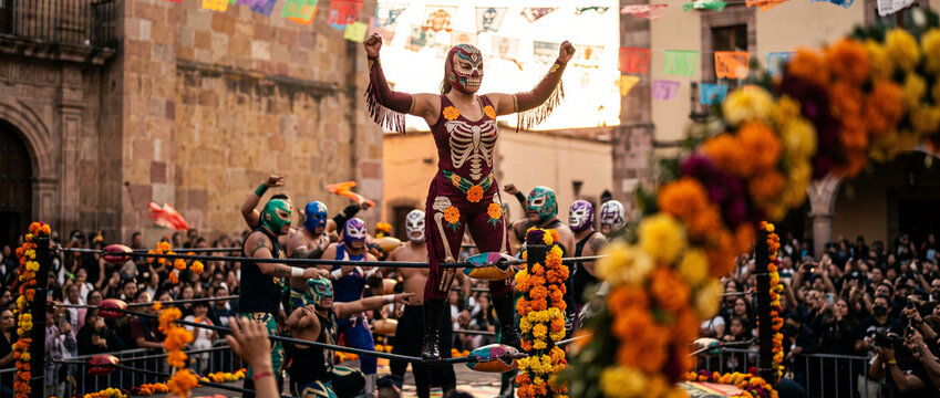Day of the Dead lucha libre show, female Mexican luchadora, calavera costume, wrestling mask, marigold decorations, D&iacute;a de los Muertos festival