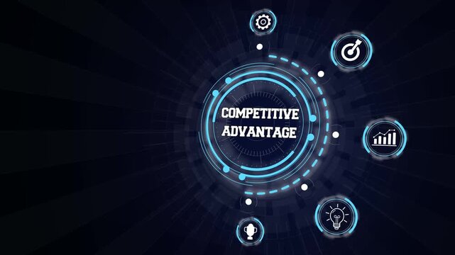 Strategic competitive advantage analysis displayed on dark digital technology HUD panel with glow icons
