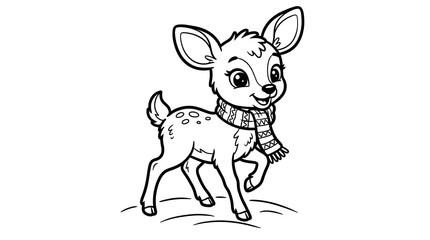 Obraz premium Cute Baby Deer Coloring Page Illustration, Cute Fawn Line Art Outline, Black and White Christmas Winter Animal Coloring Sheet