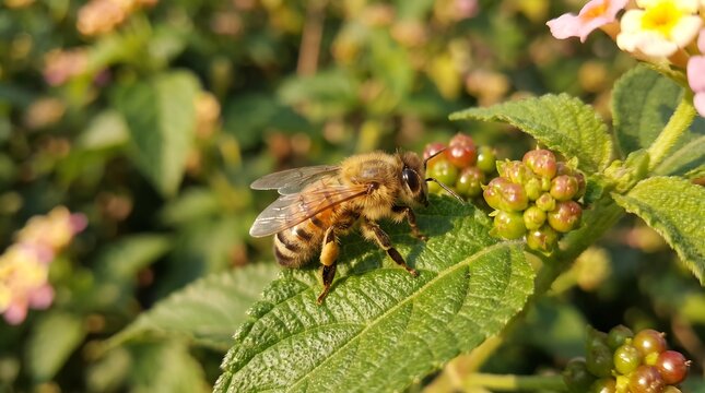 Honey bee macro photography resting on green leaf, busy pollinator insect collecting nectar, golden sunlight outdoor nature scene
