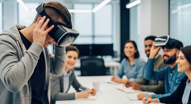 Young Man Adjusting Virtual Reality Headset During Team Meeting While Colleagues Watch And Smile Around Conference Table In Bright Office