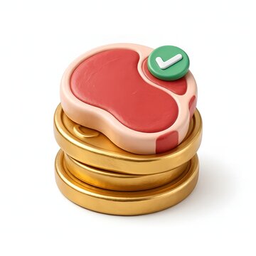 3D render of food tech investment concept, beef steak on a stack of golden coins with green checkmark sign, isolated on white background