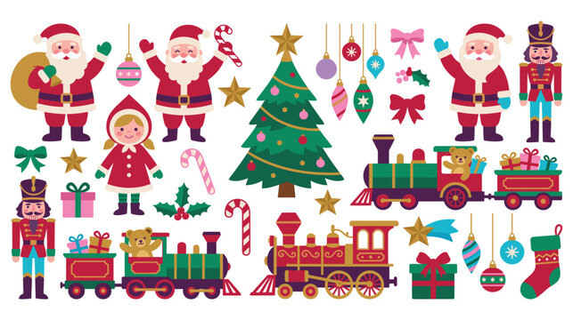 Colorful christmas flat icon set featuring santa claus nutcracker train and holiday icons.
