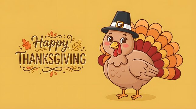 A vibrant and cheerful thanksgiving illustration featuring a turkey wearing a pilgrim hat celebrating gratitude and togetherness