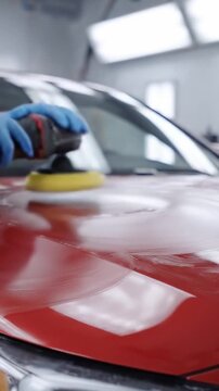 Expert Car Detailing: Polishing a Red Vehicle with Care and Precision to Achieve a Gleaming Finish and Enhance its Overall Appearance
