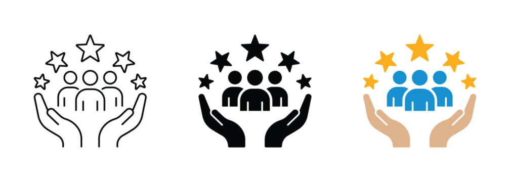 Customer satisfaction icon with rating stars hands and people symbol. Transparent vector