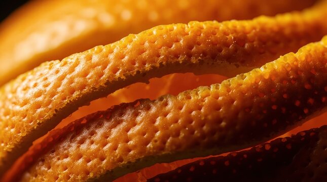 Macro shot of orange peel texture. Close up view shows detailed bumpy surface of citrus skin. Bright orange zest pattern with small pits, pores. Organic fruit rind detail for food background juice