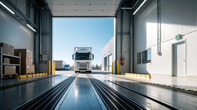 White semi truck arrives at warehouse loading dock for cargo delivery. Modern logistics facility entrance with large open bay door, metal floor tracks. Freight transport system manages supply chain