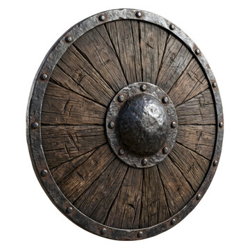 Round medieval wooden shield with metal rivets and central boss viking shield warrior shield combat gear battle shield