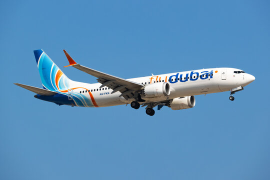 Flydubai Boeing 737 MAX 8 (A6-FKK) landing at Dubai International Airport on November 23, 2025 in Dubai, UAE