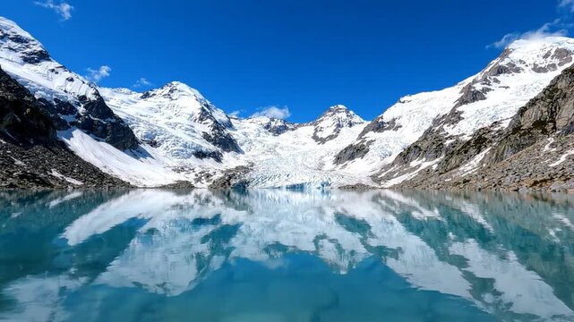 Stunning glacial lake reflecting snow-capped mountains under a clear blue sky