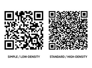 Fototapeta premium Low density simple and standard high density QR code vector graphics, black and white square mobile barcode scanner icons for digital marketing