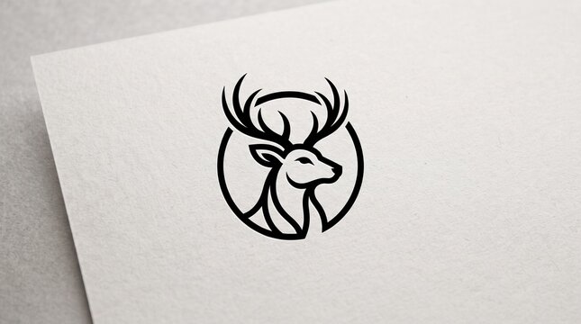 Minimalist black deer head logo with large antlers in a circular frame printed on a textured white paper mockup