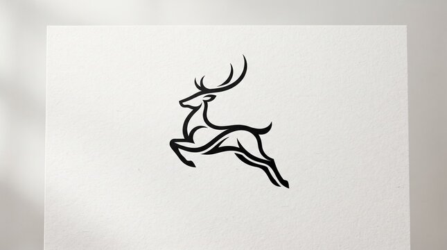 Minimalist black line art jumping deer logo on white textured paper background, elegant silhouette of a leaping stag with antlers, modern animal graphic design.