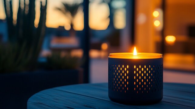 Burning candle on patio table at sunset.