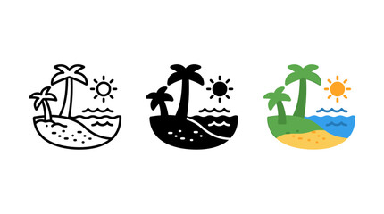 Obraz premium Set of Tropical Island Vacation Vector Icons Featuring Palm Trees and Beach