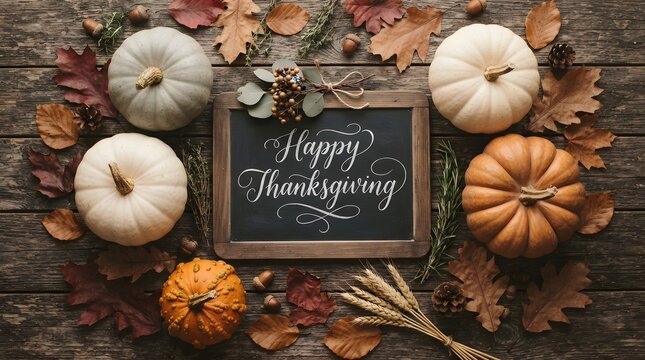 A festive thanksgiving still life pumpkins gourds autumn leaves and a chalkboard with a heartfelt message of gratitude